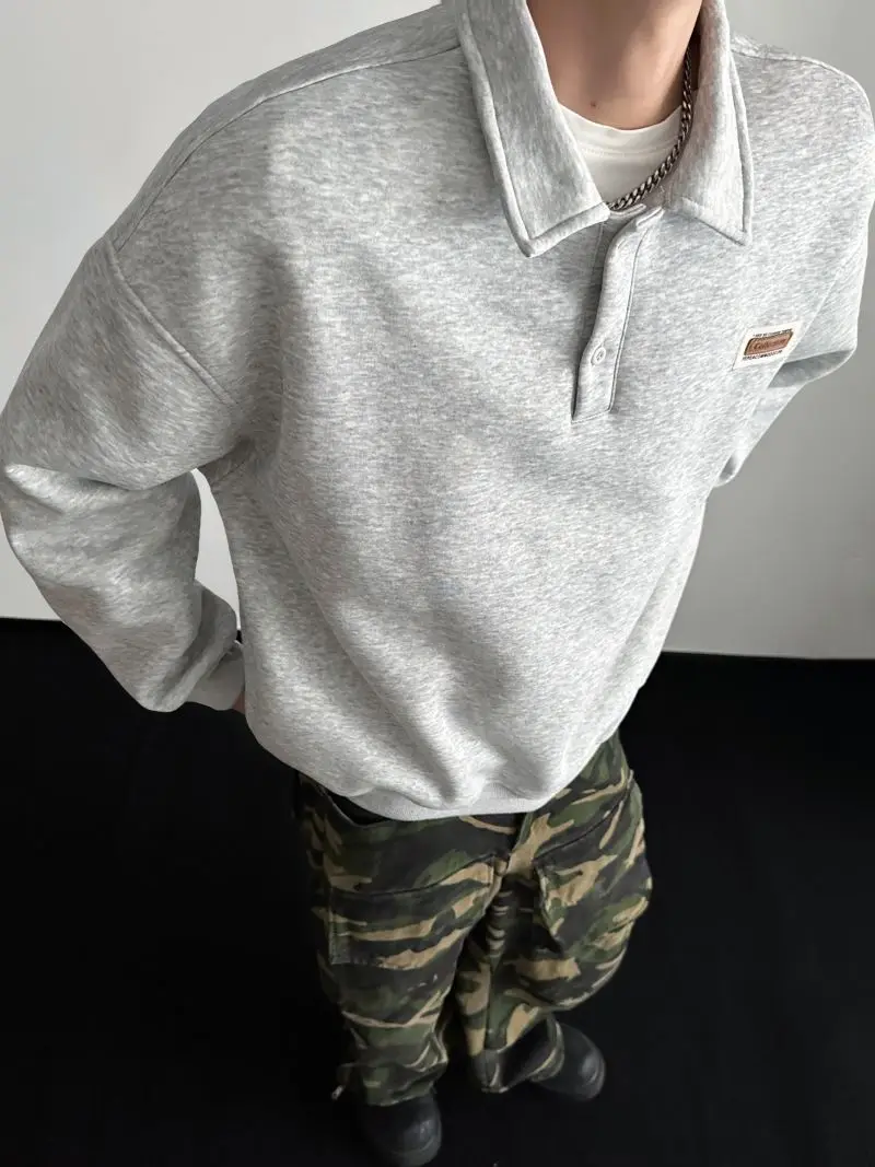 Autumn Men's Casual Solid Color Polo Neck Sweatshirt American Style Couple Loose Long Sleeve Turn down Collar Top Hoodies