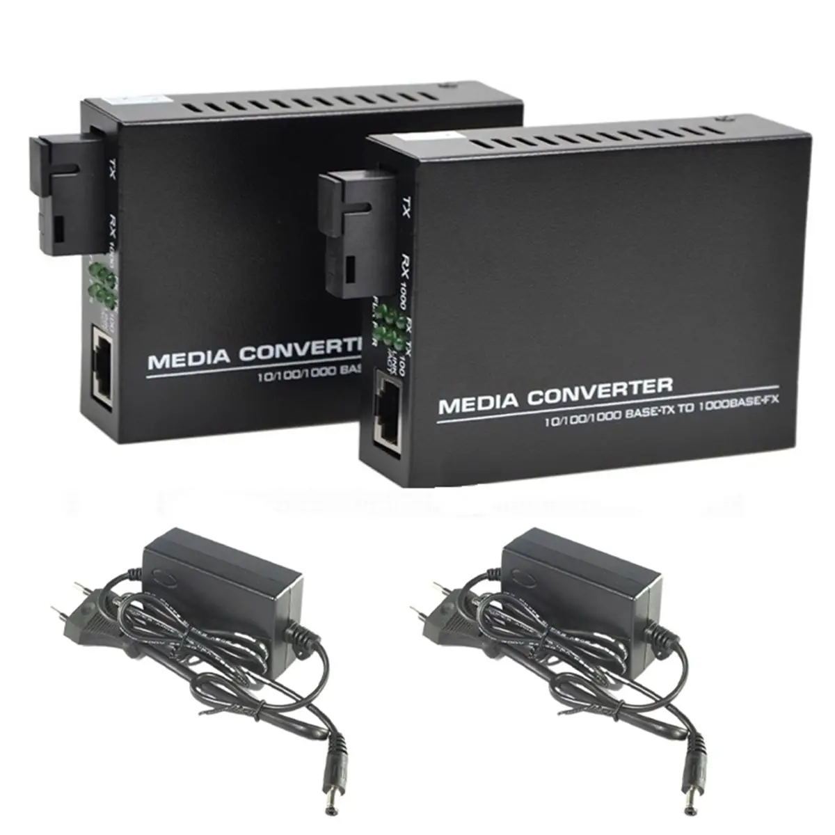 A77K Gigabit Fiber Optical Media Converter 10/100/1000Mbps Single Mode 20Km SC-Port External Power Supply EU Plug