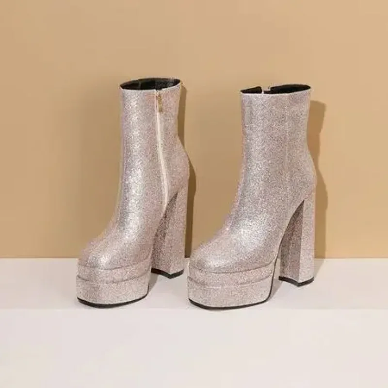 

Glitter Bling Double Platform Women Boots Chunky High Heel Round Toe Ankle Shoes Woman Elegant Sexy Luxury Design Chelsea Boots