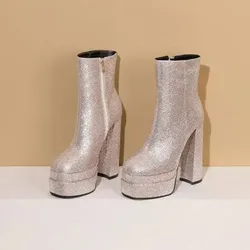 Glitter Bling Double Platform Women Boots Chunky High Heel Round Toe Ankle Shoes Woman Elegant Sexy Luxury Design Chelsea Boots