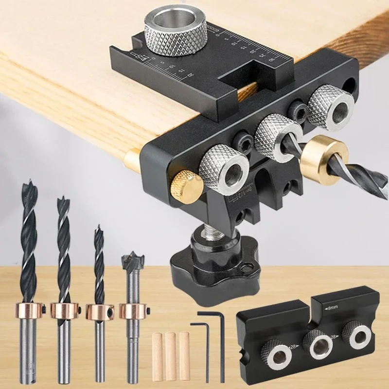 

Precision Doweling Jig Master Kit Woodworking 3 in 1 Adjustable Pocket Hole Dowel Cam Jig Wooden Tenon Drilling Guide Locator