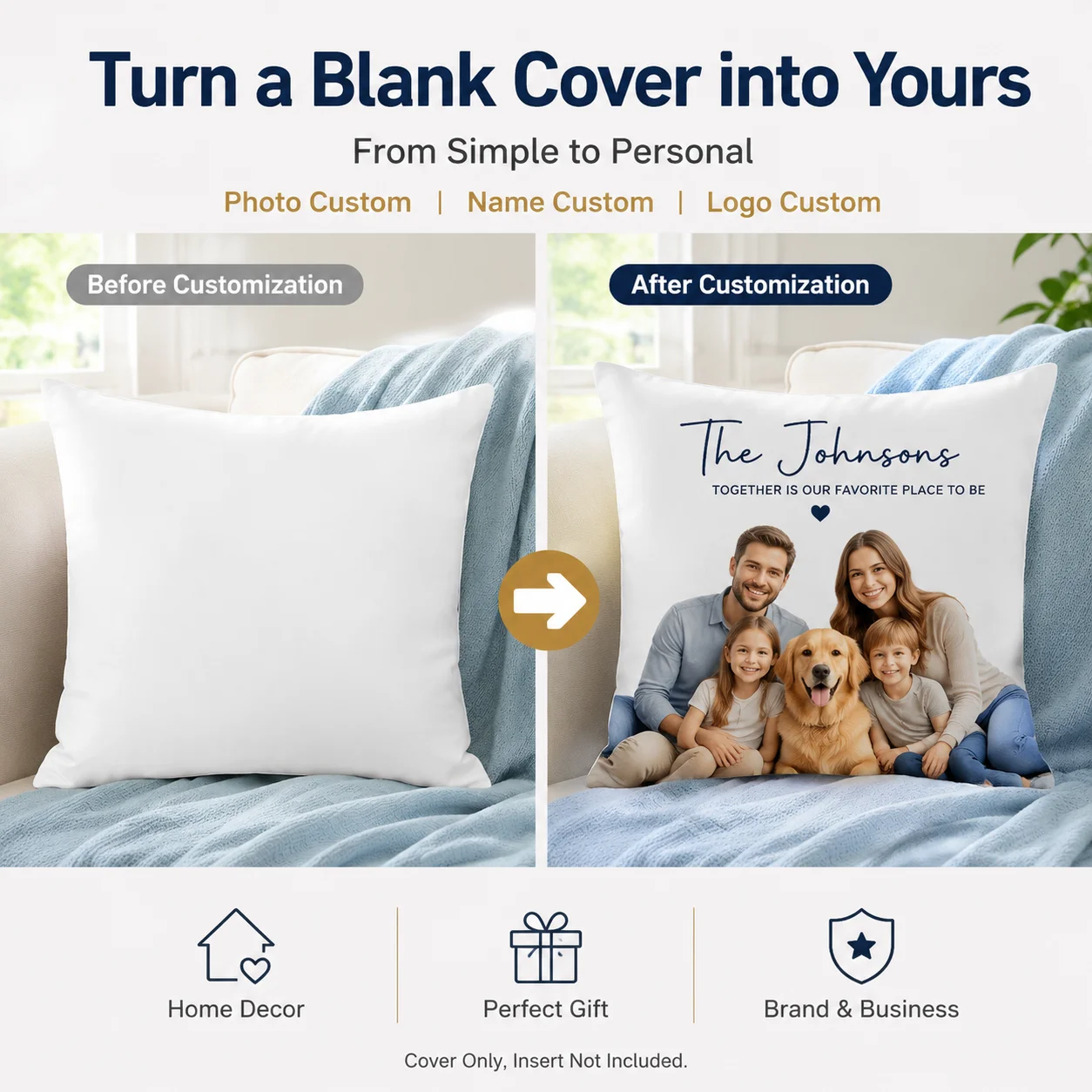 Custom Personalized Throw Pillow Cover with Insert, Custom Photo Name Logo Cushion Case, Home Sofa Bed Decoration Gift