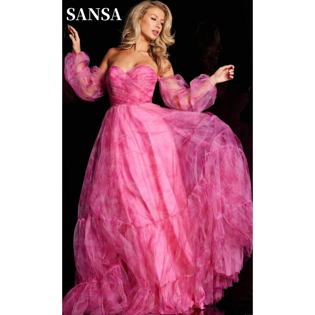 Sansa Pink Strapless فساتين السهرة Heart Shaped Neck Tulle Vestidos De Noche Sweetheart Puffy Sleeves Floor-Length Prom Dresses