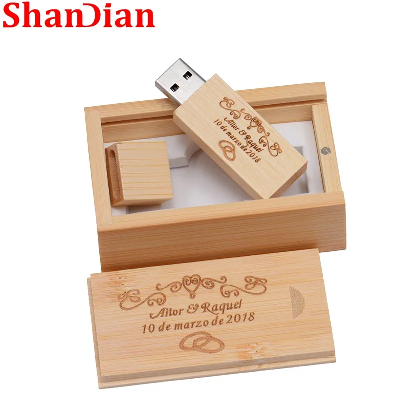 Free Logo Wooden With Gift Box USB 2.0 Flash Drive Real Capacity Pendrive Photography Memory Stick 64GB/32GB/16GB/8GB U Disk