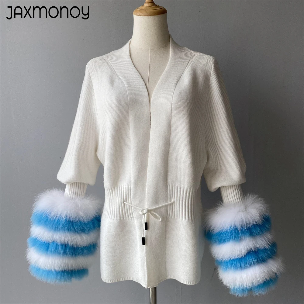 Jaxmonoy Cashmere Cardigan With Real Fox Fur Cuffs Ladies Spring Full Sleeves Belt Slim Knitted Sweater Coat Autumn Outerwear