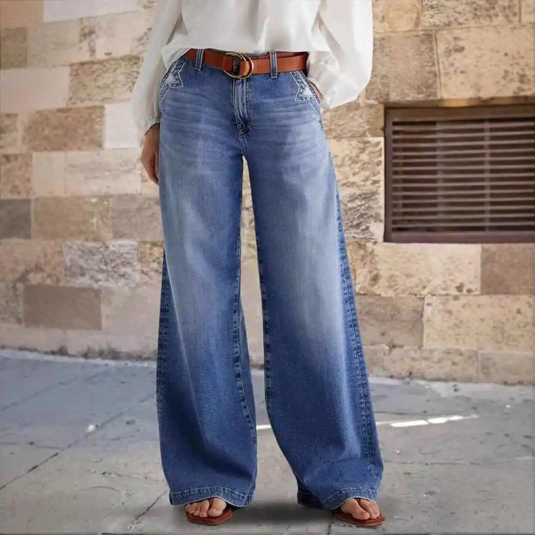 Casual High Waist Wide Leg Denim Pants for Women with Pocket Patches Urban Style Blue Jeans Trousers Universal Fit Medium Str...