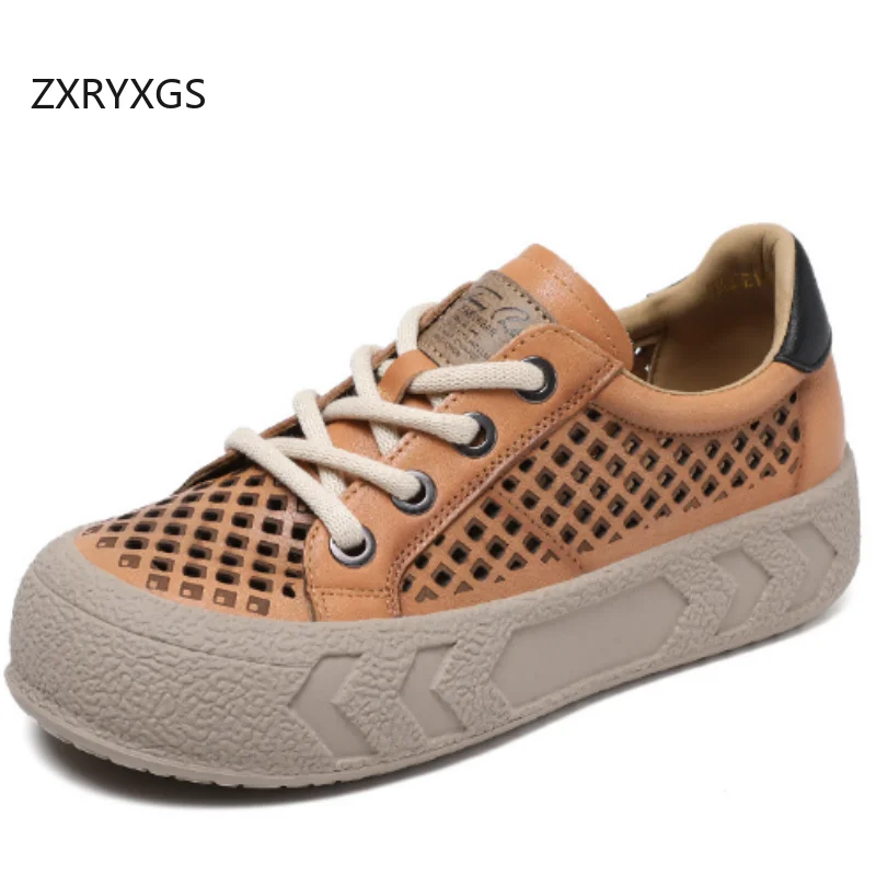 

ZXRYXGS Real Cowhide Fashion Versatile Casual Sneakers Hole Sandals Platform Elevator Shoes Breathable Women Trendy Shoes 2025