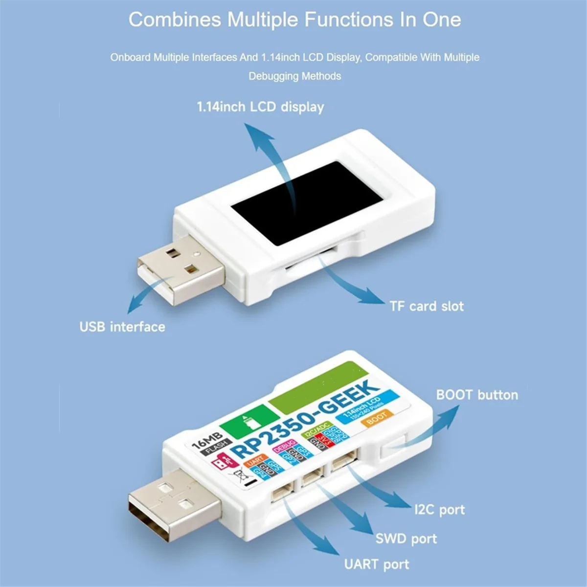 ABJU RP2350- لوحة تطوير، استنادًا على وحدة التحكم الدقيقة RP2350، مع شاشة LCD ملونة 1.14 بوصة 65K، أداة تنزيل تصحيح الأخطاء USB