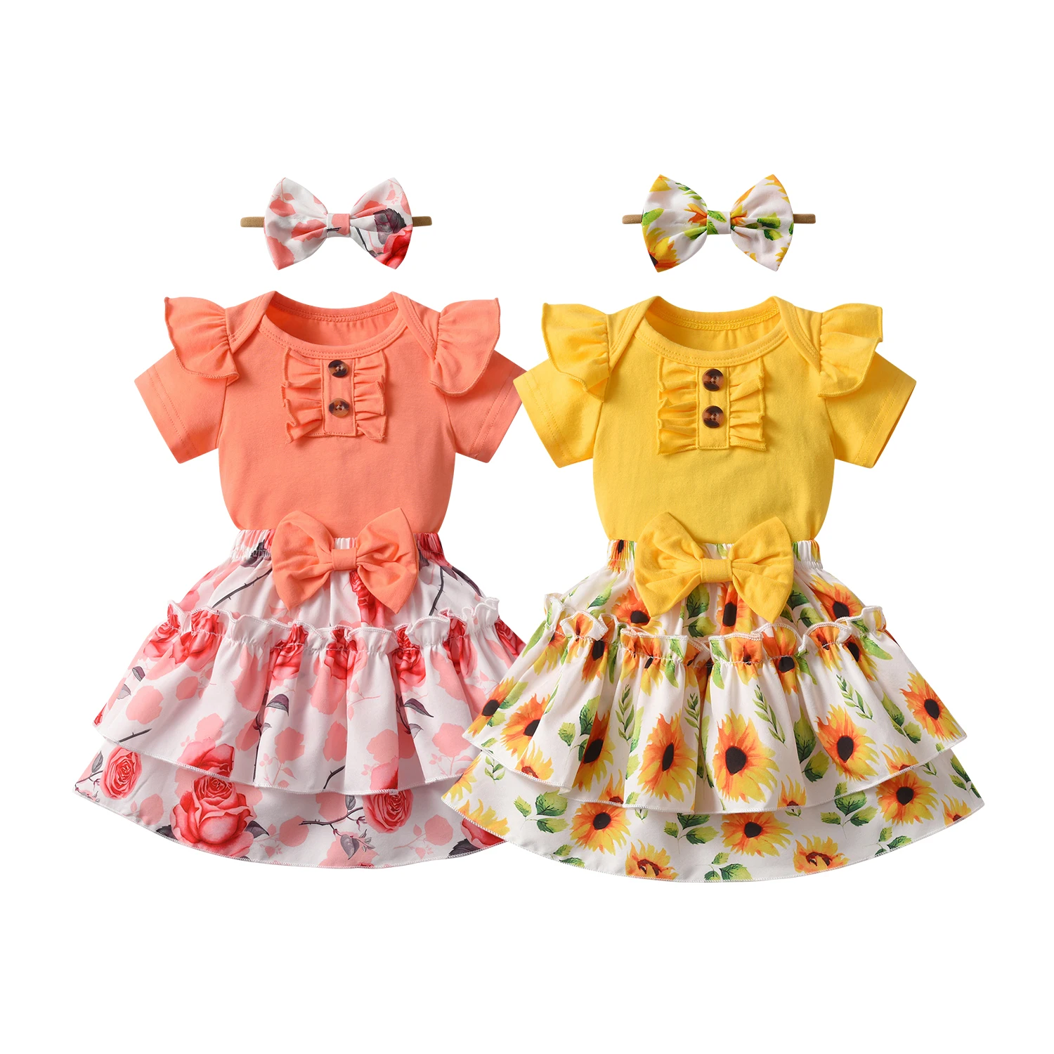 

0-18M Cute Newborn Baby Girl 3pc Clothes Set Knit Short Sleeve Romper Top + Floral Skirt + Headband Toddler Girl Summer Outfit