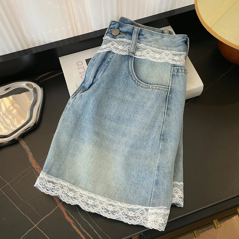 Real shot Korean super beautiful lace splicing temperament high waist straight A word thin lined denim skirt short skirt