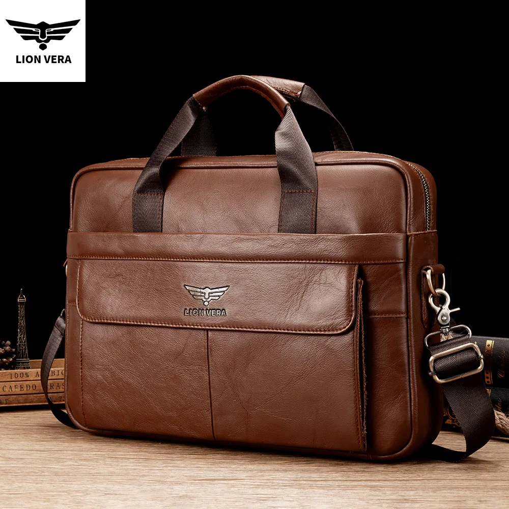 LION VERA Men's Large Capacity Handbag Genuine Leather Portable Laptop Crossbody Shoulder Business Travel Storage Briefcase