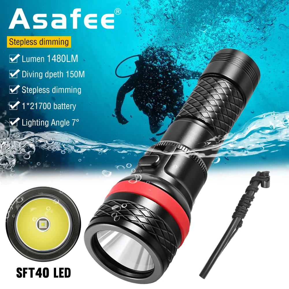 Asafee D18 Professional Scuba Diving Flashlight 150m Underwater Dive Lamp SFT40 LED 21700 Battery Powerful Diver Torch