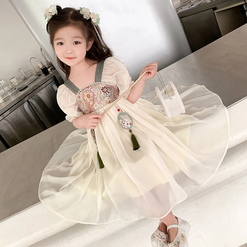 

Kid Fairy Dress Puff Sleeve Shell Hanfu Folk Dance Performance Children Clothing Chinese Traditional Dress For Girls TR371