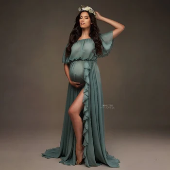 Vestido de fotografía de maternidad, vestido de gasa con mangas con volantes y hombros descubiertos, vestido para Baby Shower, vestido bohemio para sesión de fotos, vestido de embarazo