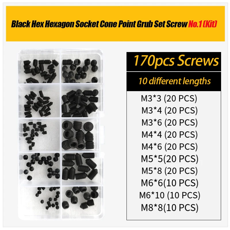 Hex Socket Grub Screws M2-M8, 12.9 Carbon Steel/304/316 Stainless Steel, Black Oxide Cup Point Anti-Loosening Assortment Kit