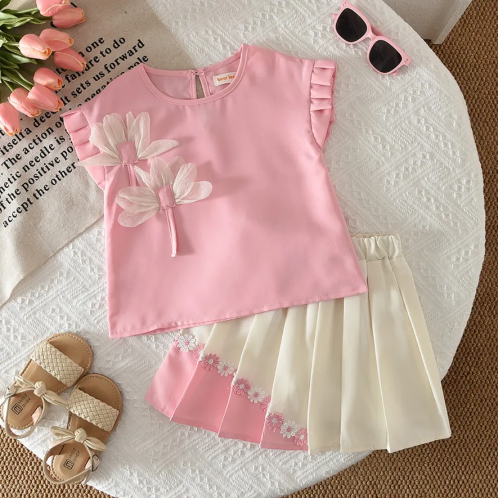 2026 Summer Color Blocked Girls Clothes Flower Decoration Sleeveless Top + Pleated Skirt Sweet and Cute Children's Class Uniform