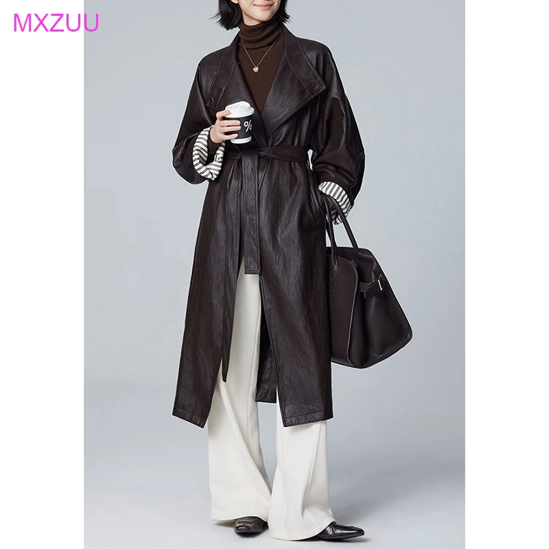 Real Leather Trench Coats Woman Spring New Sheepskin Small Stand Collar Stitching Profile Belt Loose Bathrobe Windbreaker Jacket