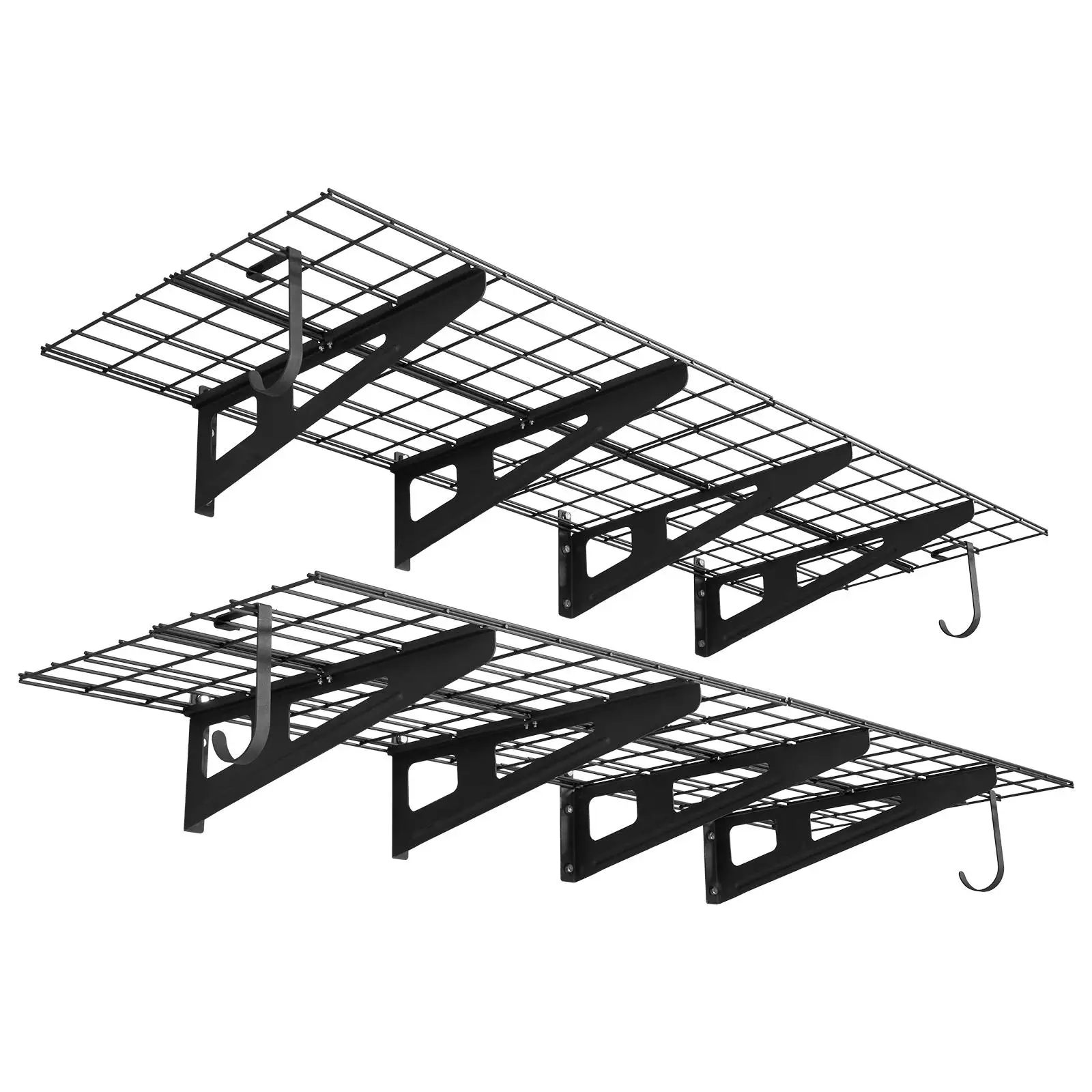 2 Tier Heavy Duty Wall Mounted Garage Shelving 8 Pack 1 x 3 ft Steel Storage Shelves with Hooks 24 x 72 Inch Per Shelf Floating Metal Rack 1000 lbs Total Capacity Black
