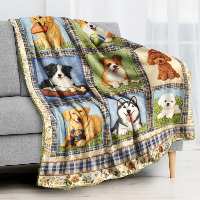 Pastoral dog playing blanket Soft warm and comfortable blanket with golden hair corgi and other dog playing elements