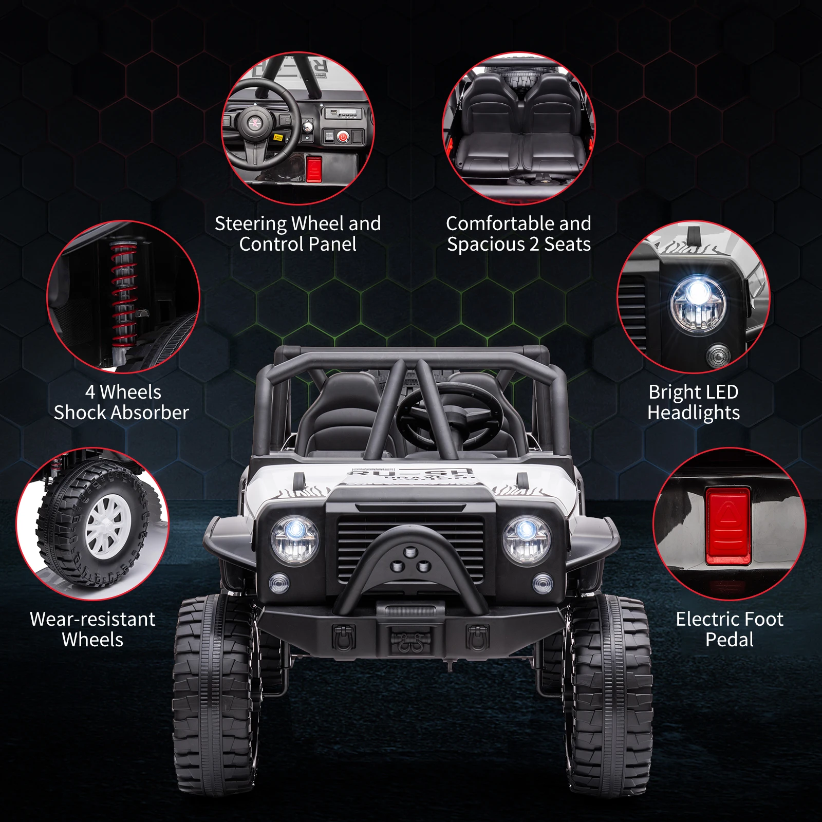 Jouets de tour 24V, Jeep pour enfants 2 places avec lumières LED, siège Extra large de 19 pouces, 2 moteurs, Suspension à ressort à 4 roues, voiture électrique