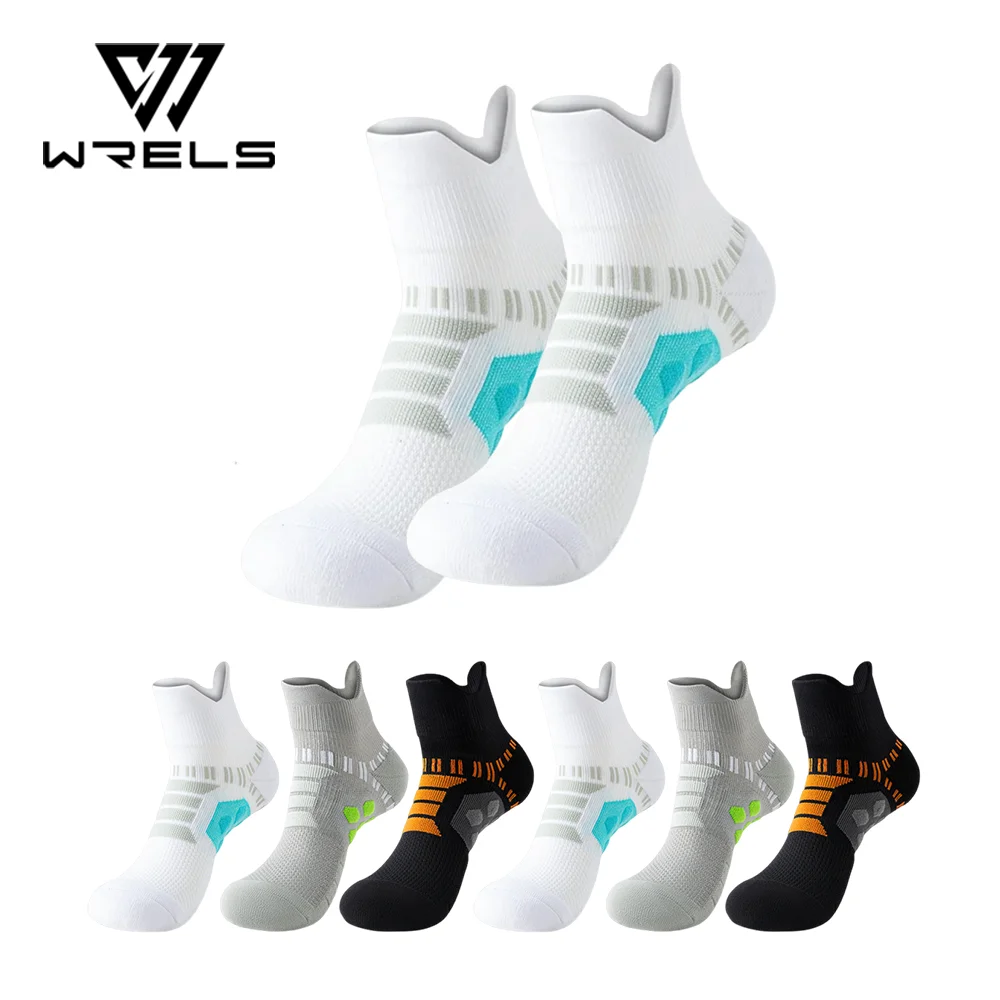 WRELS 1/2/3 Paar Marathon-Laufsocken Feuchtigkeitsableitende Fahrradsocken Herren Rutschfeste Gepolsterte Basketball-Sportsocken