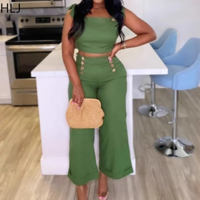 

HLJ Elegant Bandage Patchwork 2 Pieces Set for Woman Sleeveless Backless Crop Top and Wide Leg Pants Female Streetwear Clothing