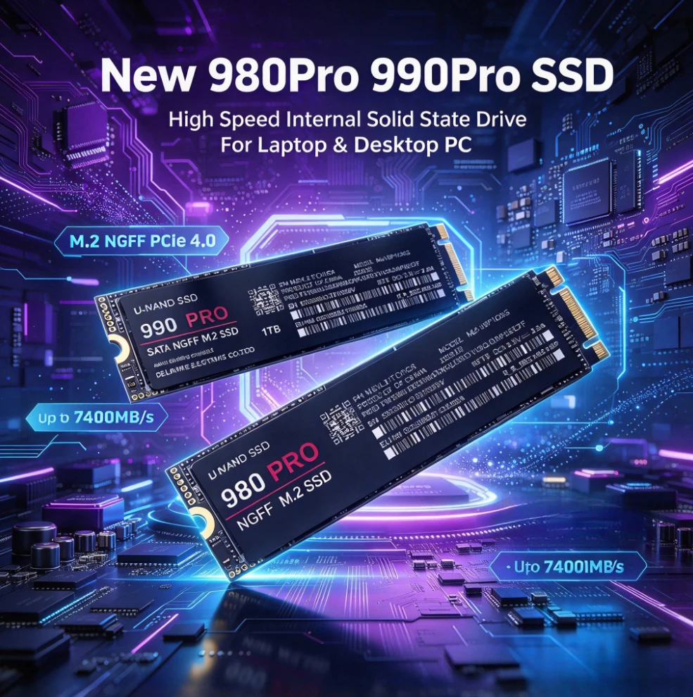 New 980Pro 990Pro for Laptop Desktop PC SSD Internal Solid State Drive M.2 NGFF PCIe 4.0 High Speed Up to 7400MB/s