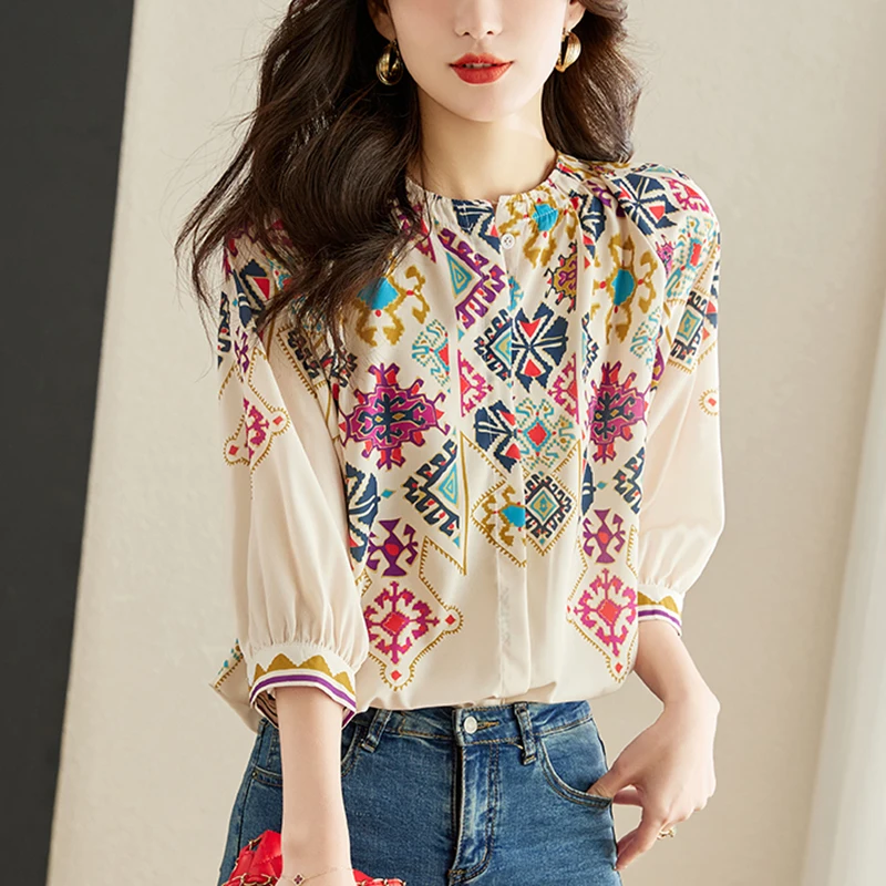 

2024 Spring Summer Women Tops Fashion 3/4 Sleeve Chiffon Blouse Round Neck Casual Loose Printed Tops