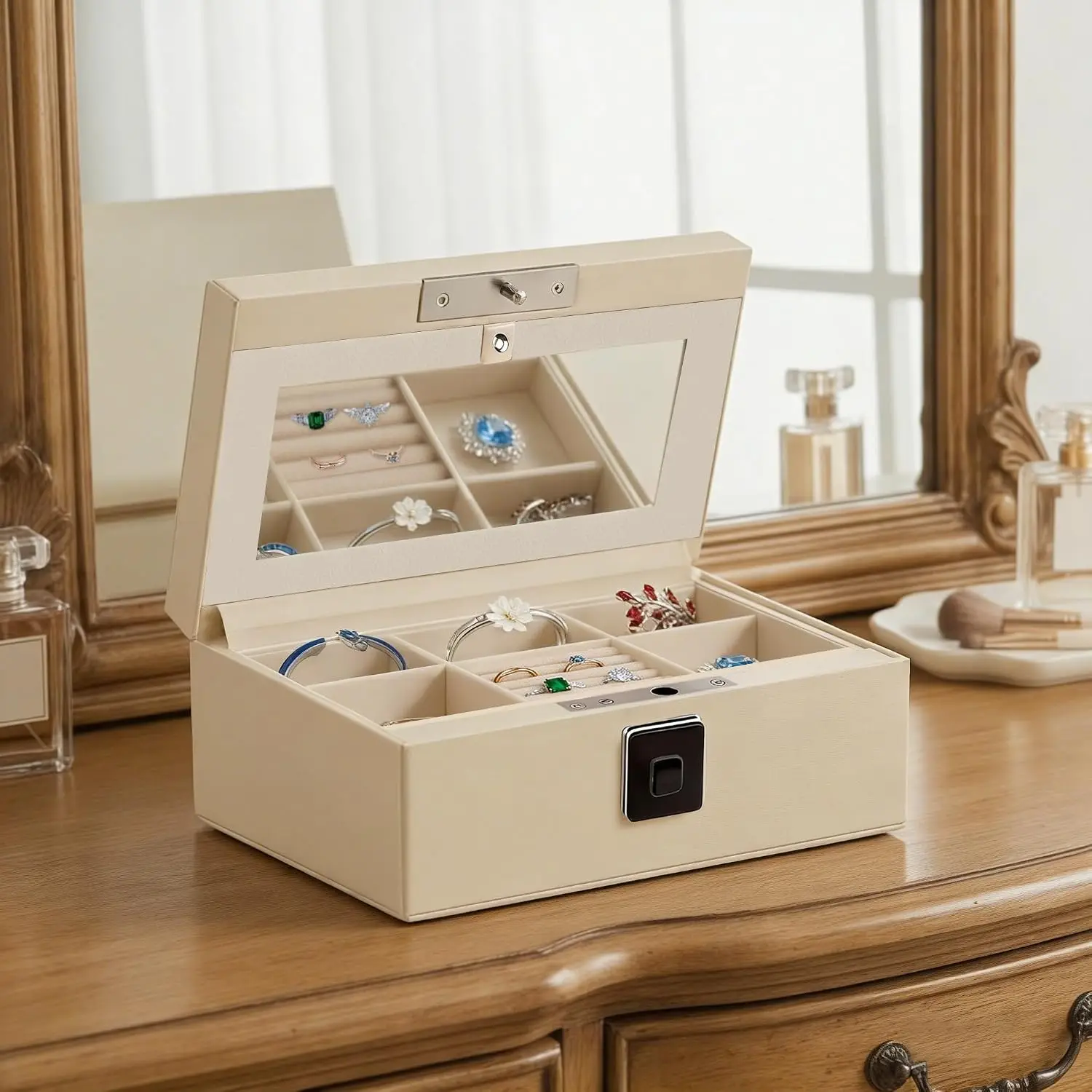 Jewelry Safe Box Biometric Fingerprint Lock Box Leather Wrapped Storage Organizer Case With Mirror Portable Travel Tray Three Tier Security Safe Box Home Use White