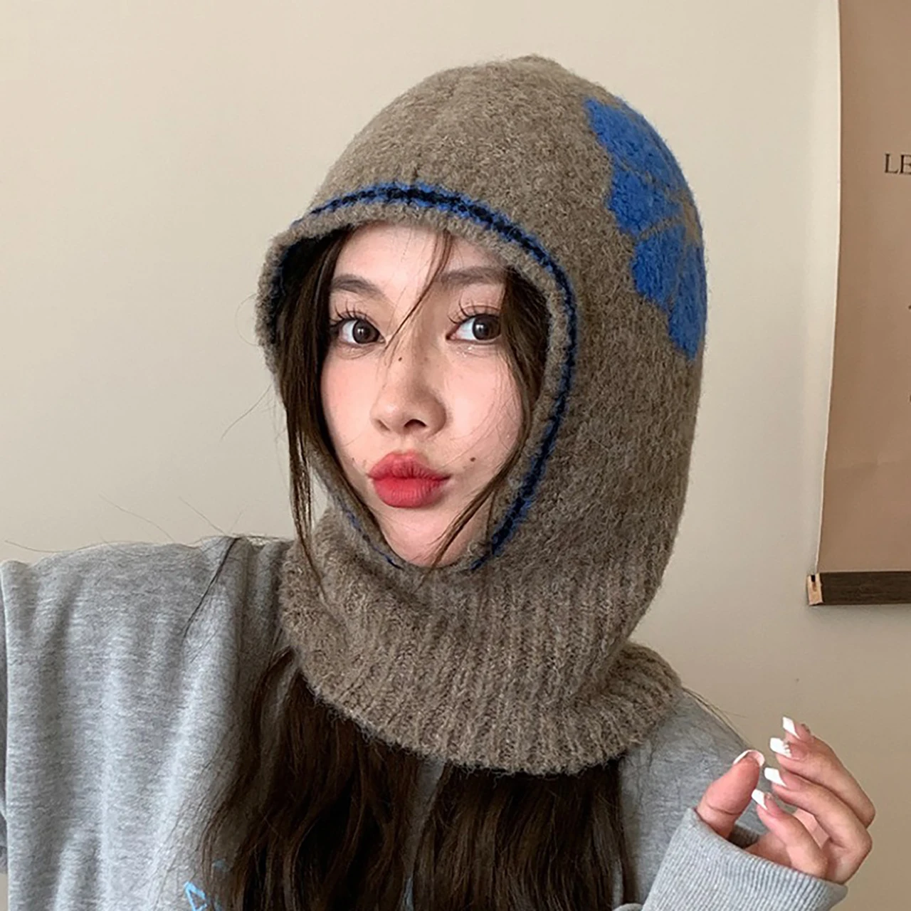 Cappello passamontagna retrò in colore a contrasto per donna Sciarpa di protezione per le orecchie Berretto intero invernale caldo con cappuccio Beanie Ragazza fazzoletto da collo in maglia