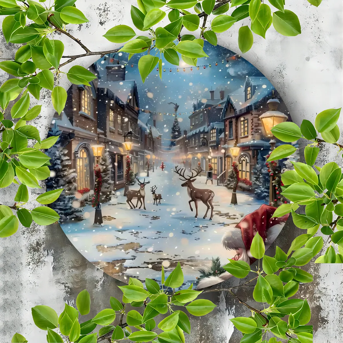 علامة معدنية لعيد الميلاد مقاس 8 × 8 بوصات - مشهد شارع سانتا والرنة، ديكور حائط حديدي مستدير للمنزل، البار، المرآب، النادي، المطعم، #2