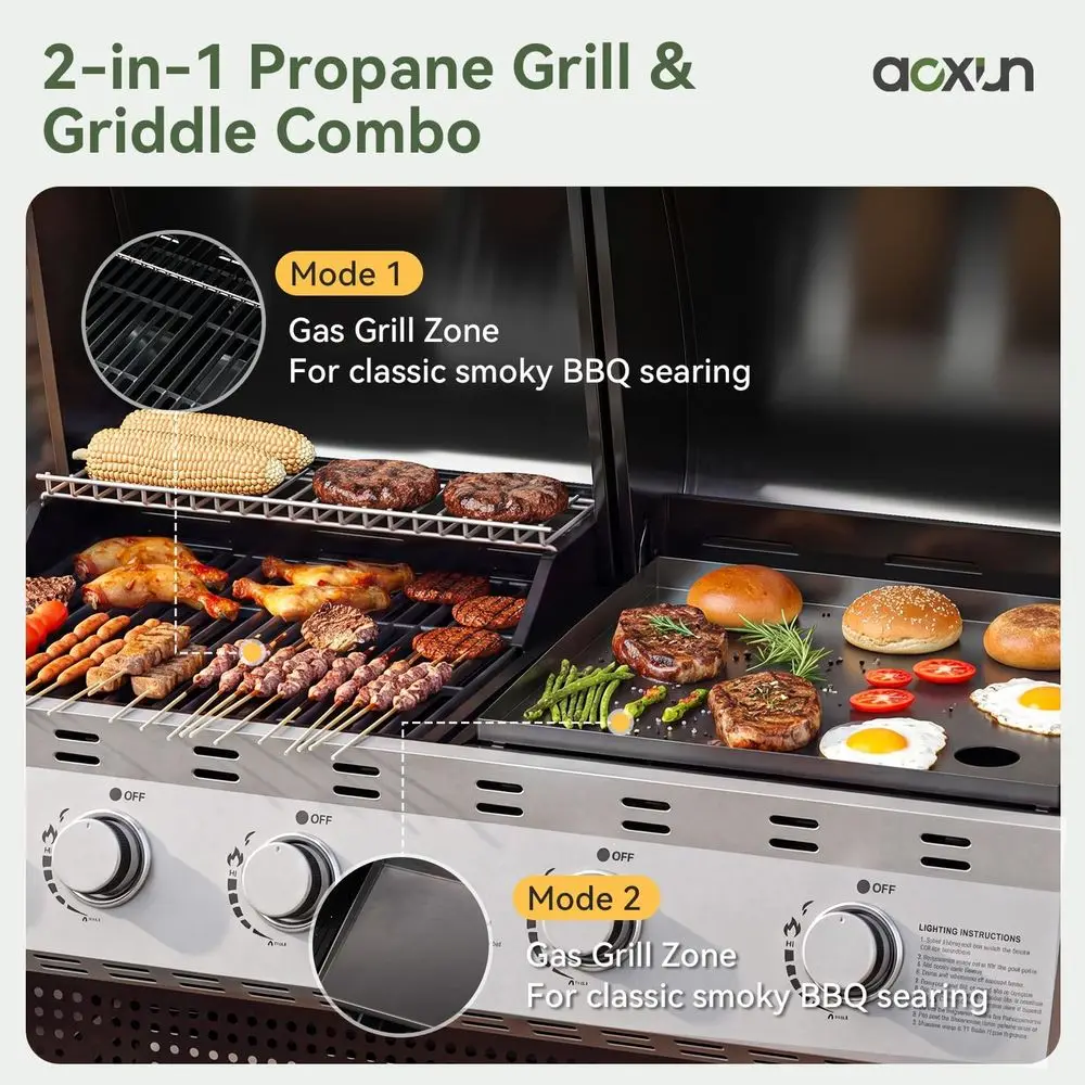 5Burner Propane Grill Griddle Combo, 54000 BTU 2in1 Outdoor Grill