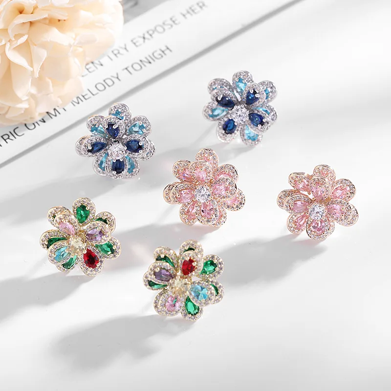 

European and American Style Colorful Zircon Flower S925 Silver Needle Earrings for Women Simple Daily Three-Dimensional