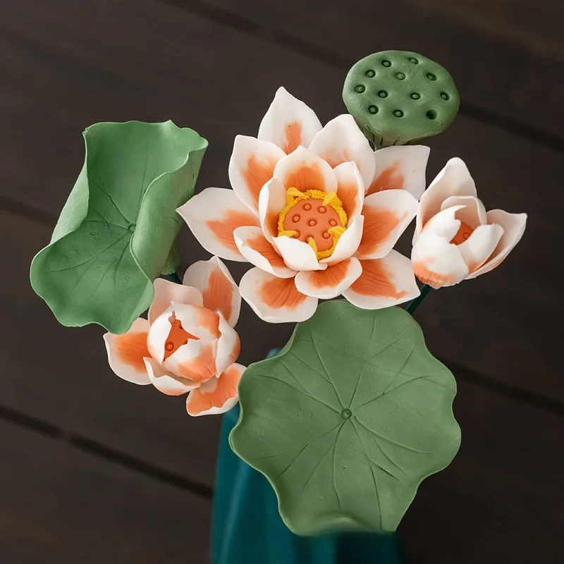 

Handmade Zen Ceramic Lotus Sculpture, Artificial Lotus Flower Arrangement with Pod & Leaf, Eternal Floral Decor for Home Vase