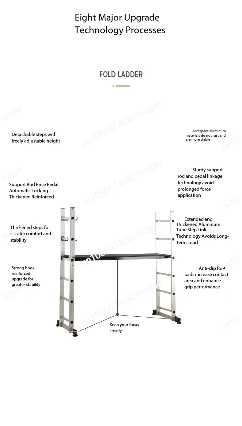 Rugged, aluminum double-sided ladder, thick pedal safety hook scaffold ladder