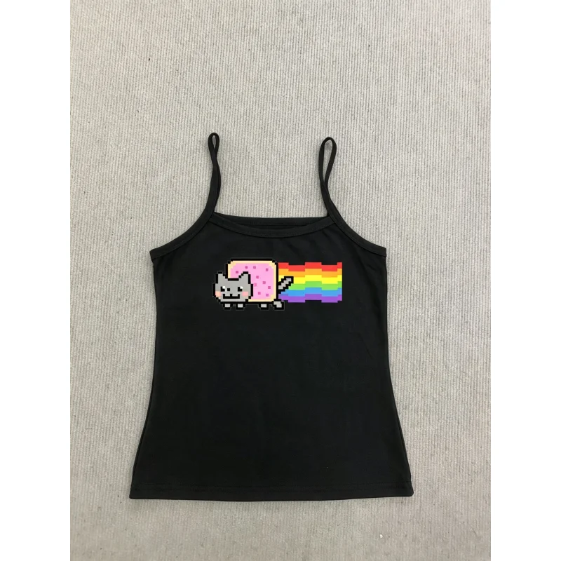 European American Y2K New Summer Cool Vibrant Hot Girl Tank Top Cartoon Pigment Print Sleeveless Casual Cami Top For Ladies