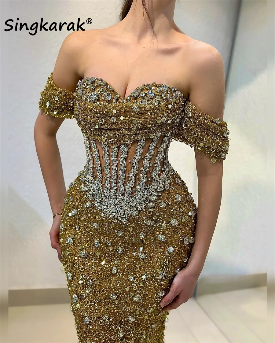 Glitter Gold 2024 Sweetheart Evening Dress Sparkly Beads Sequins Dimoands Rhinestones Mermaid Prom Wedding Party Dress