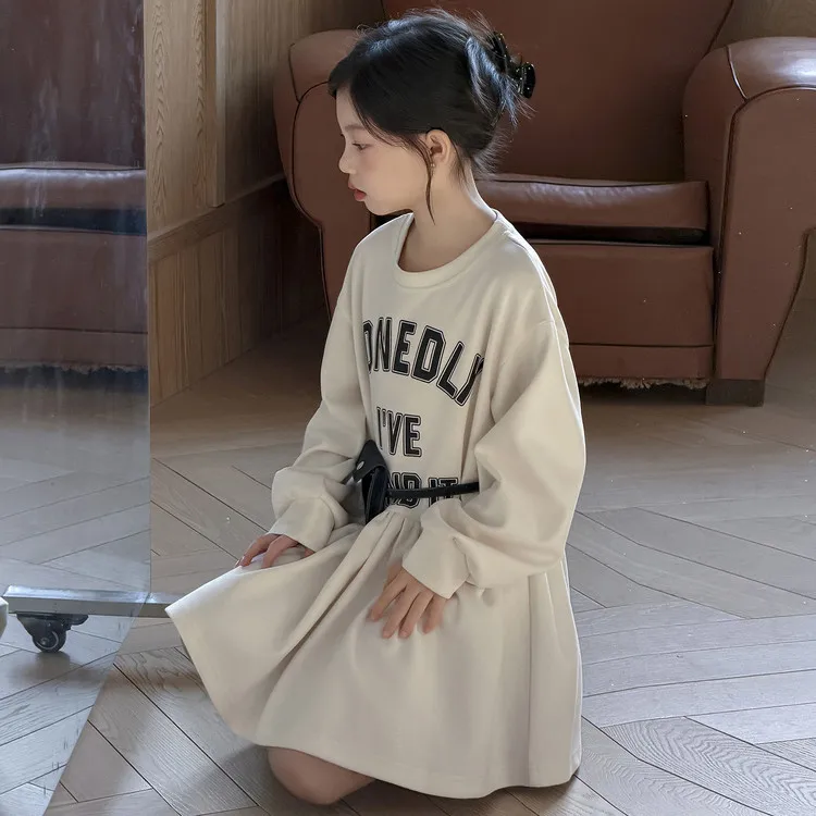 2025 New Autumn Teens Girls Cloth loose long sleeve hooded sweatshirt splicing princess dress Children 4 8 5 12 14 year