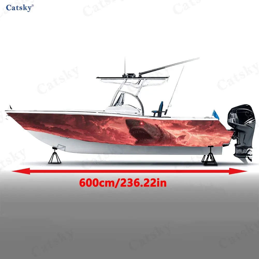 Inferno Shark Crimson Lightning Boat Stickers, PVC Waterproof Vinyl Wrap Decals for Fishing Boats, Durable and Stylish Design