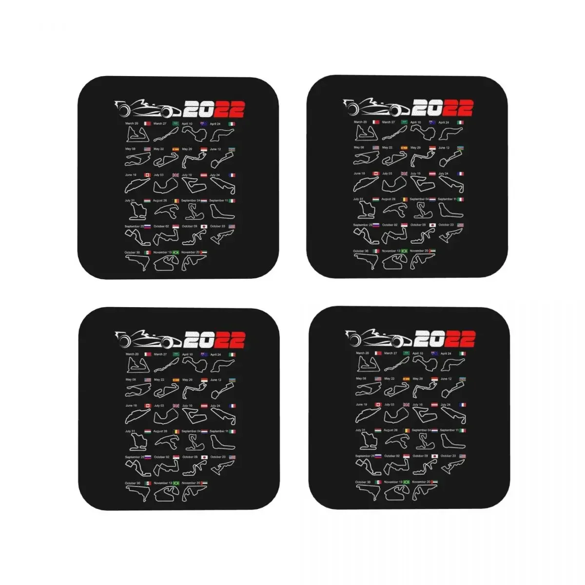 Calendar Formula Race Cars 2022 Circuits V2 Coasters Coffee Mats Set of 4 Placemats Cup Tableware Pads for Kitchen Dining Bar