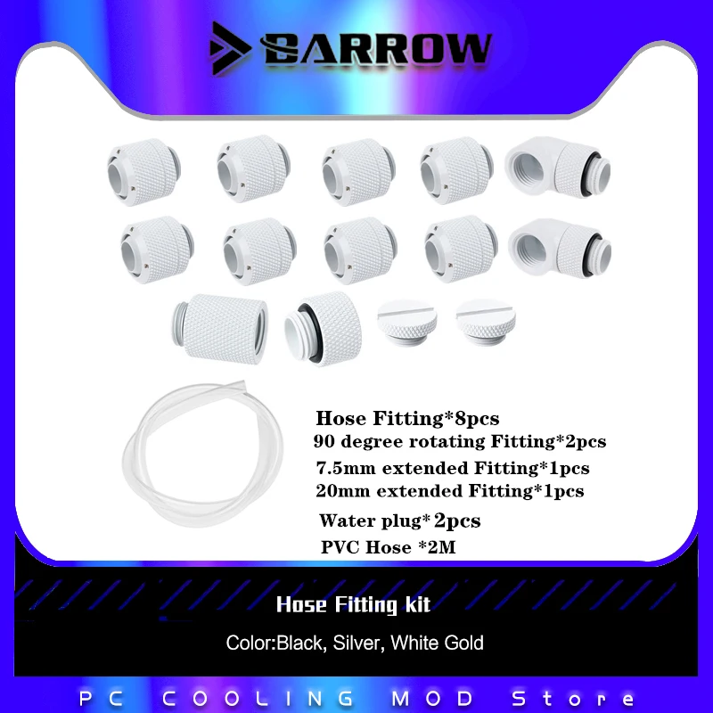 

Barrow Hose Water Cooling Fitting Kit, DIY MOD Computer Case Split Loop, 13mm /16mm Soft Tubing Used, Black Silver White Gold