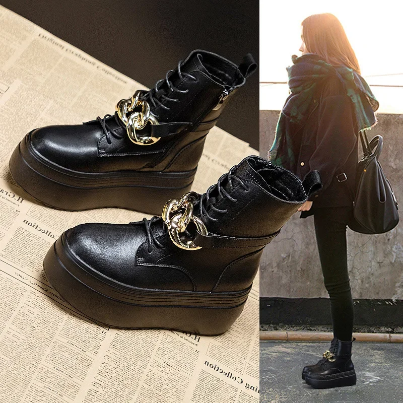 Fujin 8cm Genuine Leather  Ankle Boots Platform Wedge Chunky Sneakers Mid Calf  Booties  Autumn Winter Zipper Plush Women Shoes