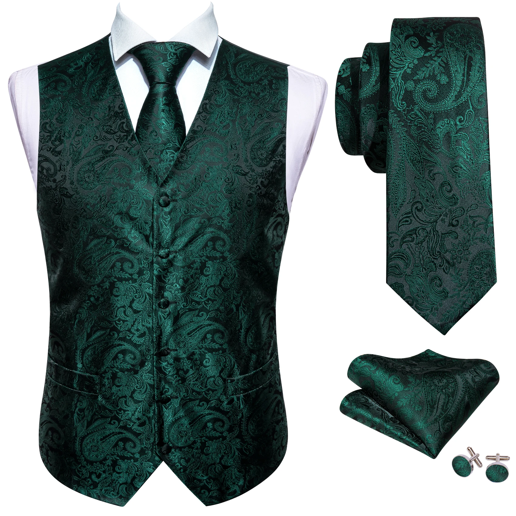 Luxury Mens Vest Suit Green Paisley Flower Slim Fit Male Dress Sleeveless Formal Work Waistcoat Tie Hanky Gilet Barry Wang