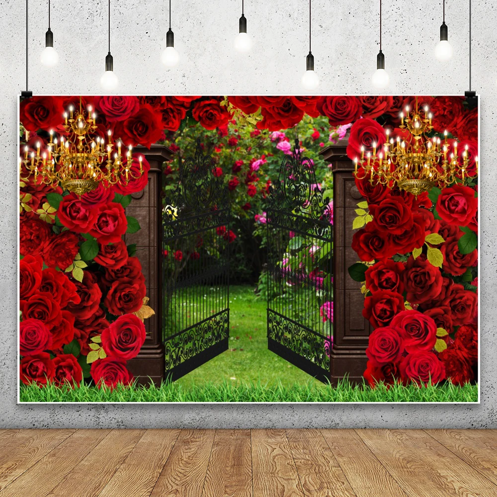 용수철 정원 사진 배경 붉은 장미 꽃 벽 배경, 웨딩 신부 샤워 파티 장식 배너 사진 부스