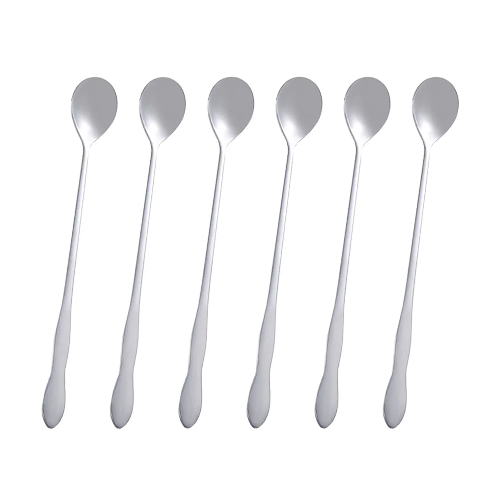 

6pcs Stainless Steel Spoon Long Handle Gourd Shape Table Spoons Silverware Iced Tea Bar Cream Scoop Portable Lightweight Kitchen