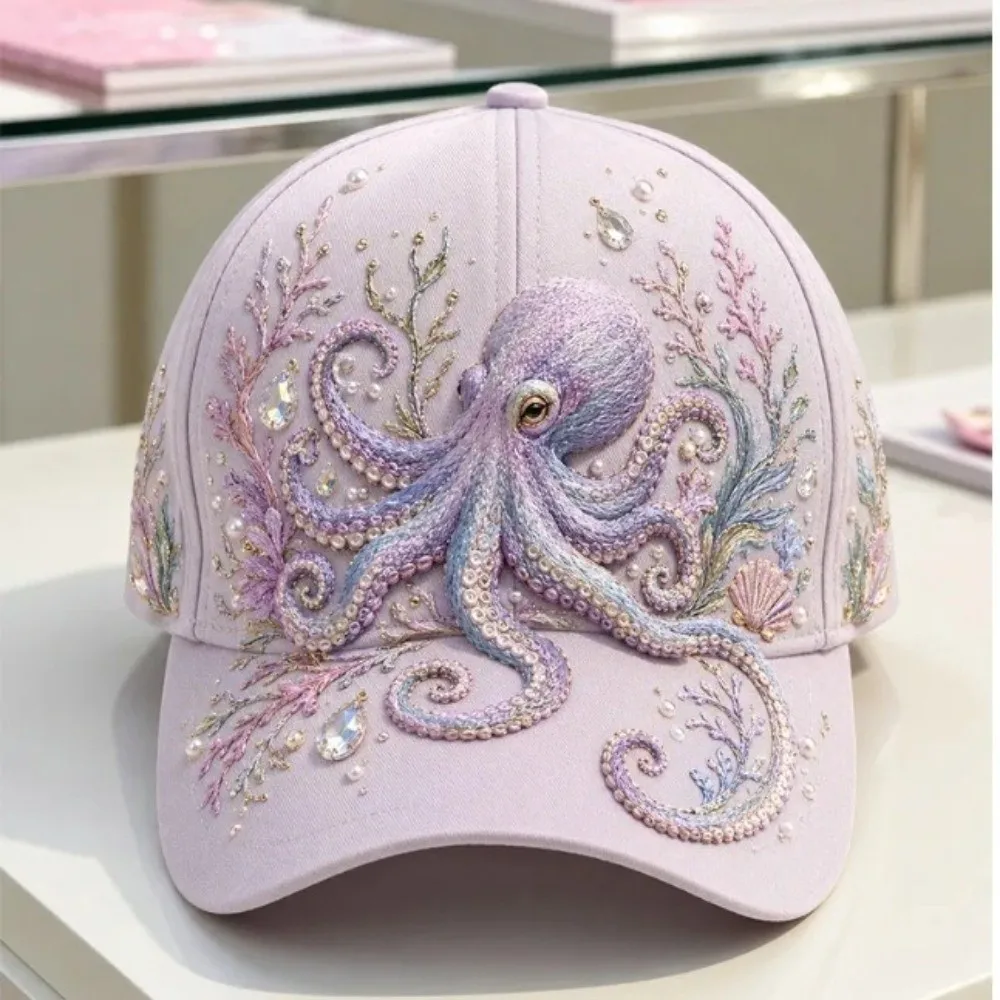 Fashion 3D Ocean Creatures Embroidery Cap Adjustable Lightweight Peaked Cap Ethnic Style Breathable Sports Sun Hat for Women
