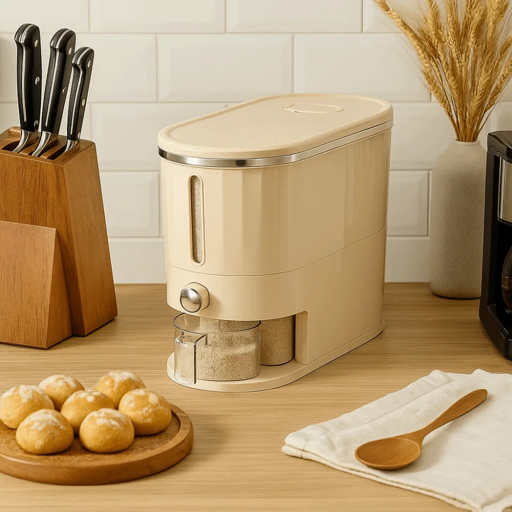 

Large Capacity Press Metering Rice Bucket Visible Design Moisture-Proof Sealed Rice Container with Measuring Cup Plastic