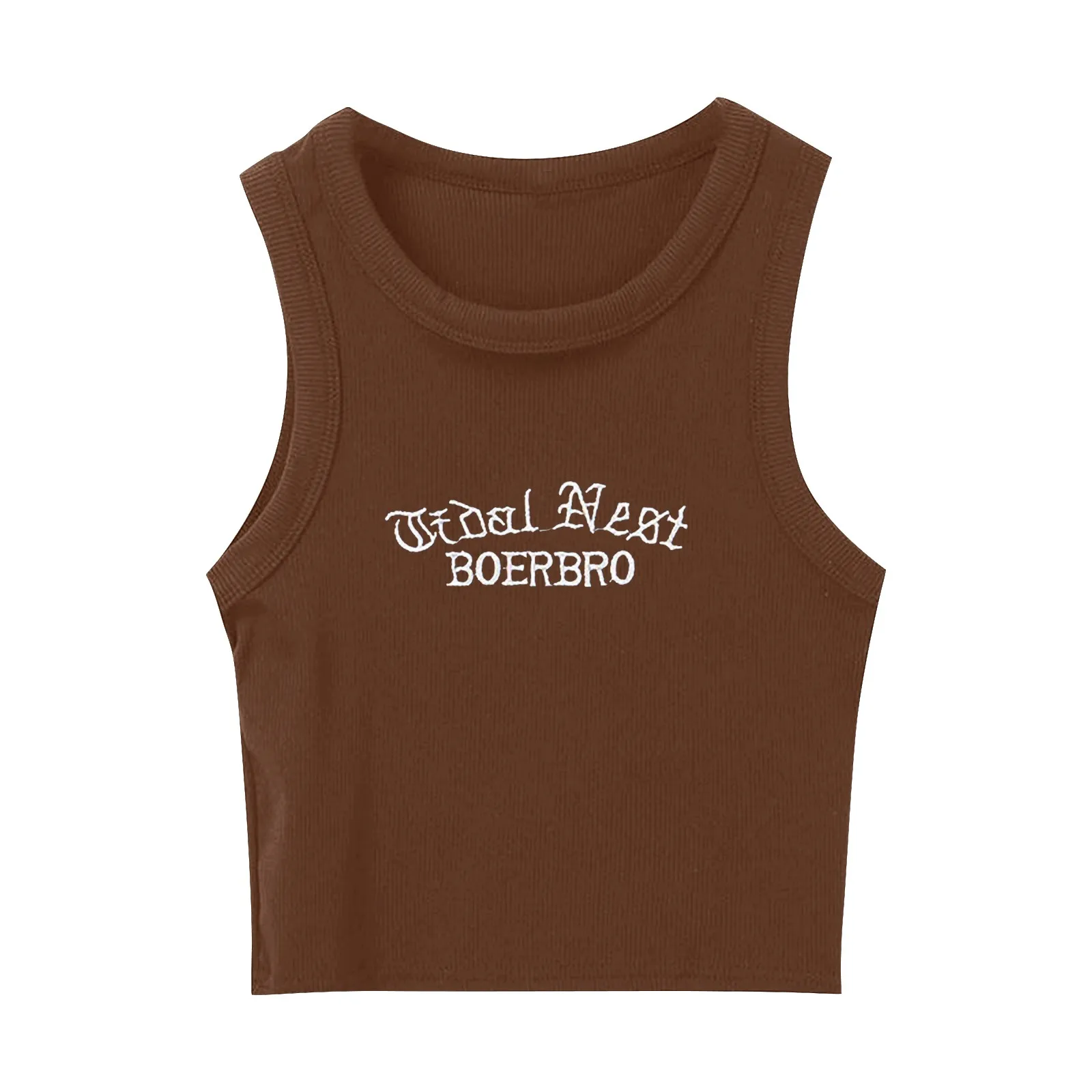 Girl's Street Style Sexy Tight Embroidered Short Camisole Fashion Daily Versatile Elastic I-shaped Round Neck Tank Top