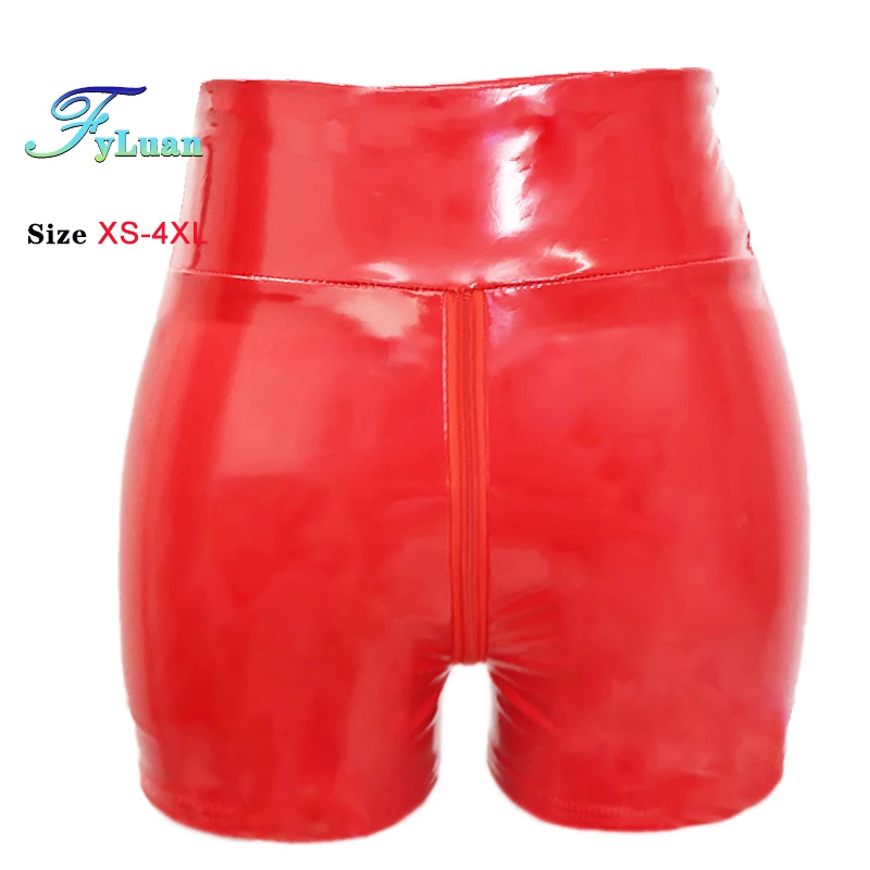 Calças curtas justas brilho couro pu vermelho zíper duplo feminino elástico cintura alta wetlook látex quente goth shorts clubwear