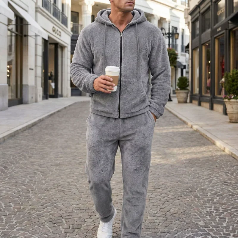 

Men's Fleece 2-Piece Tracksuit Full-Zip Hooded Jacket and Drawstring Pants Warm Winter Loungewear Suit